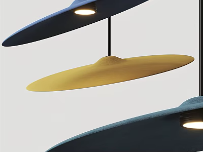 Modern Blue and Yellow Disc Shaped Pendant Lights Illuminated in Interior with Soft Glow 3d model