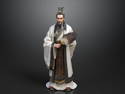 Ancient Chinese Man In Traditional Robe With Ornate Hat And Feather Fan Statue 3d model