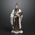 Ancient Chinese Man In Traditional Robe With Ornate Hat And Feather Fan Statue