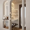 Elegant Modern Bathroom Interior With Arched Frosted Glass Door Wooden Frame Lighting Strips And Decorative Shelf