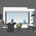 Modern Office Interior With Desk Chairs Sofa Large Window Blinds Bookshelf And Decorative Painting