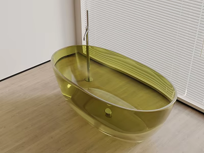 Transparent Oval Bathtub in Modern Interior With Wooden Floor and Blinds 3d model