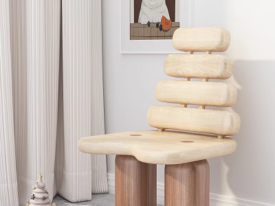 Cream Colored Single Chair with Layered Wooden Backrest and Dark Cylindrical Legs 3d model