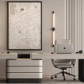 Sleek Modern Office Desk And Chair Set With Laptop Table Lamp And Wall Painting