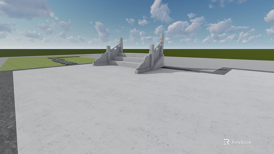 Stone Fence With Classic Design In Outdoor Area With Grassy Lawn And Blue Sky 3d model 