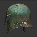 Ancient Greek Bronze Helmet Sculptural Carving With Ornate Patina Surface And Symmetrical Patterns