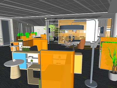 Modern Public Office Space With Orange Cubicles Green Plants And Open Layout 3d model