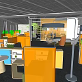 Modern Public Office Space With Orange Cubicles Green Plants And Open Layout