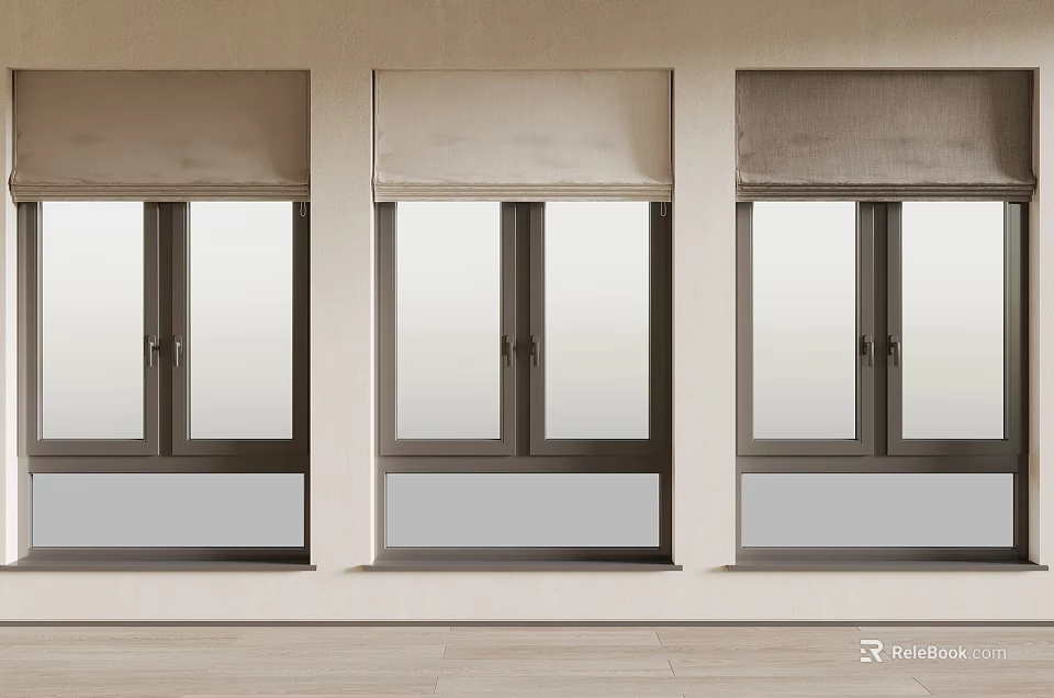 Modern Beige Gray Roller Curtains Design With Window Frames And Glass Panels 3d model 