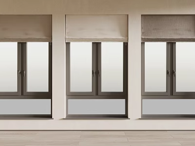 Modern Beige Gray Roller Curtains Design With Window Frames And Glass Panels 3d model