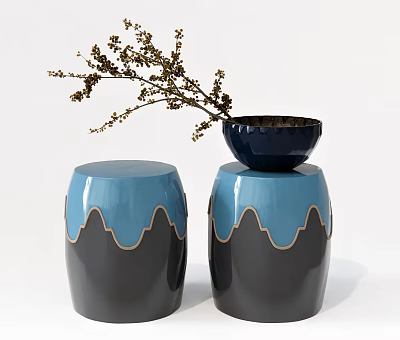 Blue And Gray Stools With Mountain Pattern And Black Flower Pot On Top 3d model