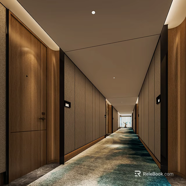 Modern Hotel Corridor Interior With Wooden Doors Gray Walls Soft Lighting And Plush Carpet 3d model 