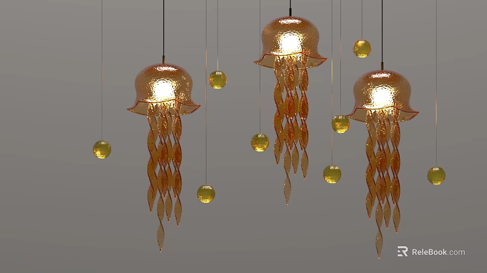 Golden Jellyfish Shaped Pendant Lights With Hanging Tassels And Small Golden Balls 3d model 