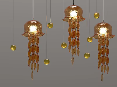 Golden Jellyfish Shaped Pendant Lights With Hanging Tassels And Small Golden Balls 3d model