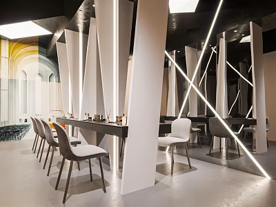 Modern Boutique Store Interior With Geometric Columns LED Strip Lights Mirrors And Chairs 3d model