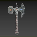 Fantasy Battle Axe Weapon With Wooden Handle And Colorful Gemstone Inlays