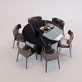 Round Black Marble Top Dining Table Set With Six Brown Leather Chairs 3d model