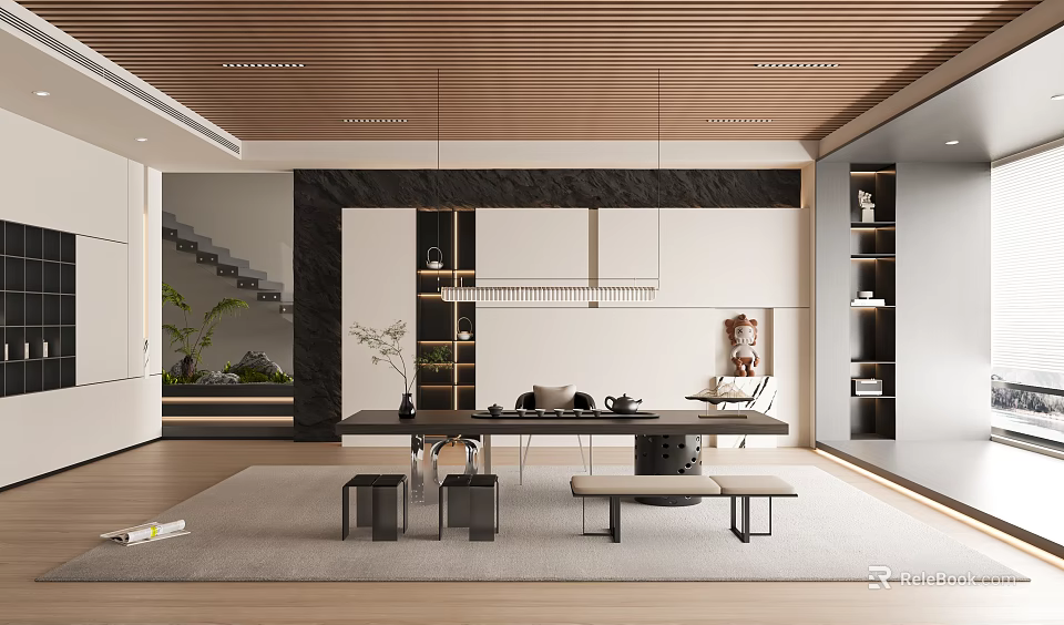 Elegant Modern Tea Room Interior Design With Wooden Ceiling Tea Sets And Tables Stools 3d model 