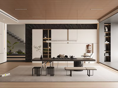 Elegant Modern Tea Room Interior Design With Wooden Ceiling Tea Sets And Tables Stools 3d model