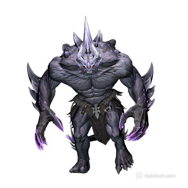 Fierce Horned Game Character With Gray Skin Red Eyes Purple Spikes Muscular Build 3d model 