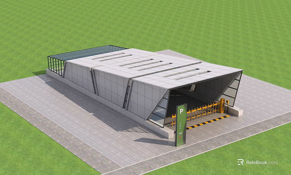 Modern Station Building With Grey Exterior Glass Structure And Parking Entrance Gates 3d model 