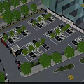 Well Planned Parking Lot Layout With Greenery Near Building And Parked Cars With Floor Markings