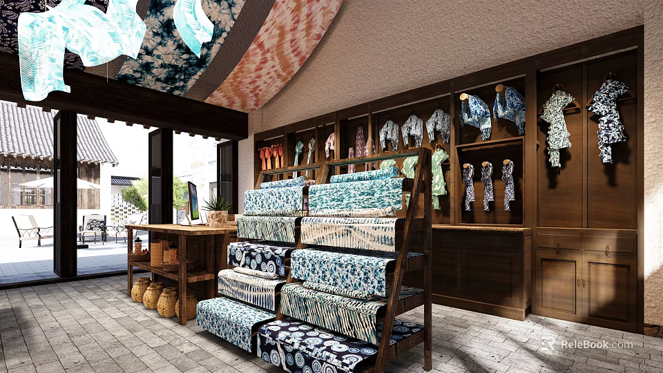 Traditional Fabric Store With Wooden Shelves Hanging Clothes And Stacked Blue White Patterned Fabrics 3d model 