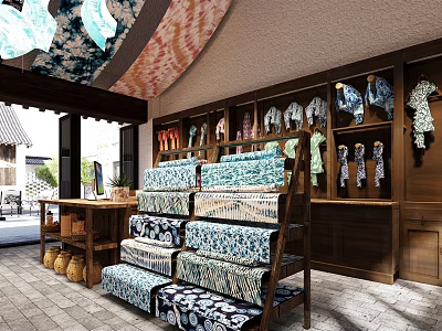 Traditional Fabric Store With Wooden Shelves Hanging Clothes And Stacked Blue White Patterned Fabrics 3d model