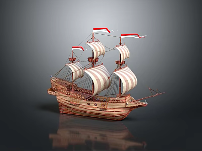 Vintage Wooden Sailboat Model With White Sails And Red Flags On 3d model