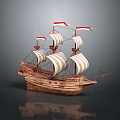 Vintage Wooden Sailboat Model With White Sails And Red Flags On
