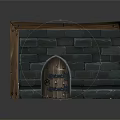 Cartoon Medieval Room Scene with Stone Walls Wooden Frame Arched Window Shield Candles and Chests