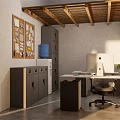 Modern Office Space with Wooden Ceiling Lockers Desk Printers and File Cabinets