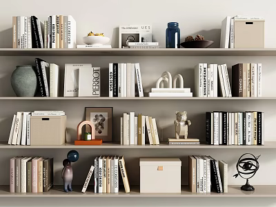 Books And Magazines On Stylish Multi tiered Bookshelf With Decorative Globe Sculpture And Storage Boxes 3d model