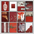Modern Chinese Wall Art With Red Tones And Various Traditional Patterns 3d model