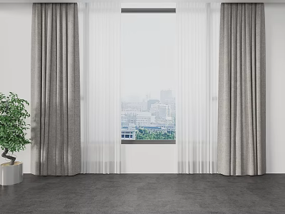 Gray Curtains with White Sheer for Window in Interior with City View and Green Plant 3d model