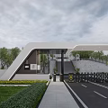 Modern Entrance Gate With Wide Road Railings And Greenery Under Cloudy Sky