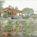 Shrub water feature pavilion water lily lotus waterfall water drop tree 3d model