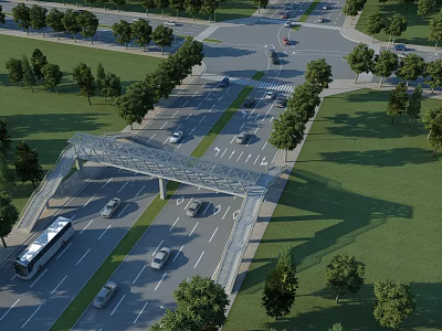 Modern Overpass Bridge Over Busy Road With Vehicles Trees And Green Grass 3d model