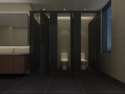 Public Restroom Interior With Modern Stalls Toilets Sink And Mirror Tiles 3d model