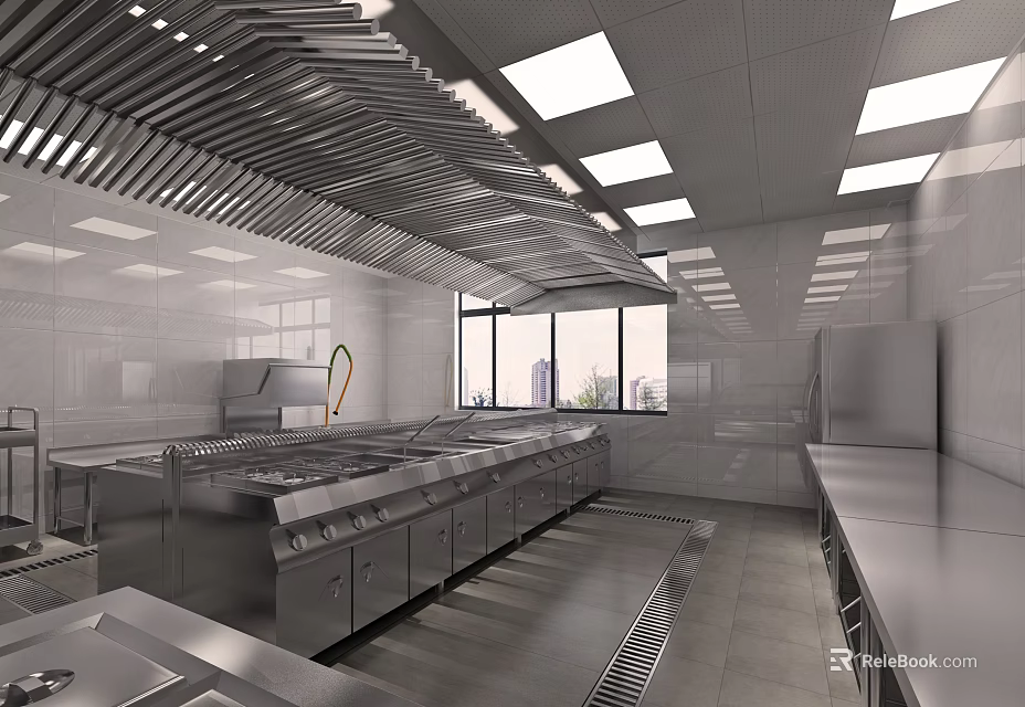 Spacious Commercial Restaurant Kitchen With Stainless Steel Cooking Ranges And Large Range Hoods 3d model 