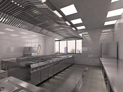 Spacious Commercial Restaurant Kitchen With Stainless Steel Cooking Ranges And Large Range Hoods 3d model