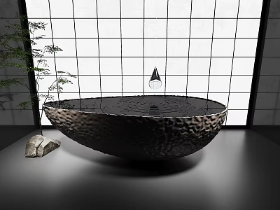 Artistic Bowl Shaped Metal Sculpture With Textured Surface In Modern Interior Near Grid Window 3d model