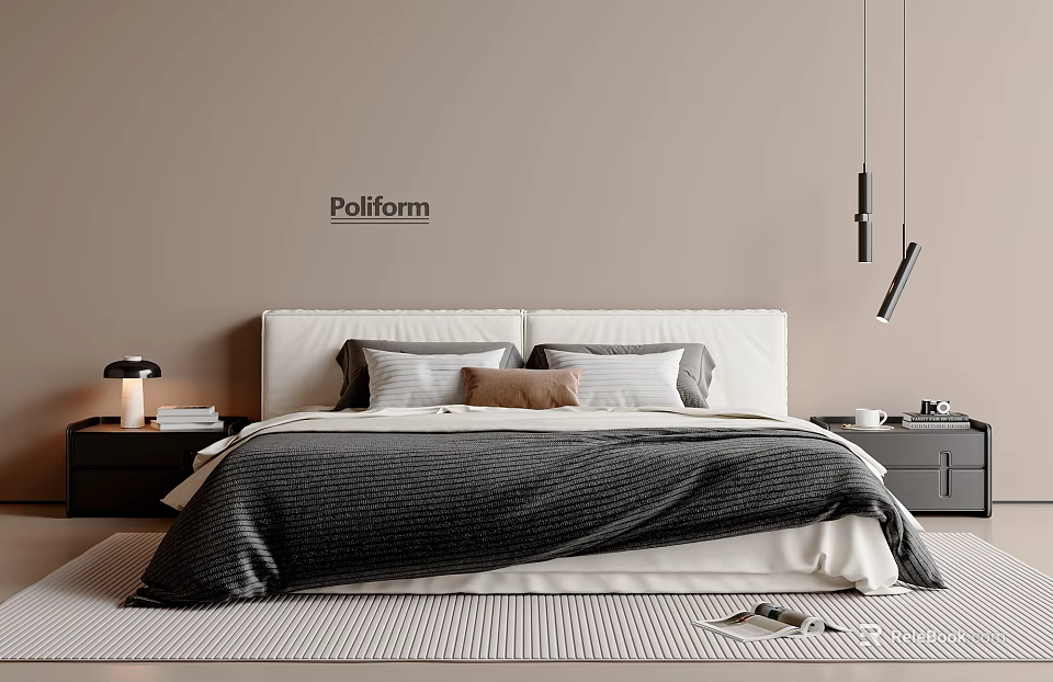 Poliform Double Bed with White Headboard Dark Comforter and Pillows on Striped Rug 3d model 