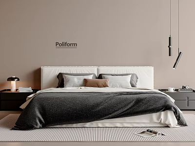 Poliform Double Bed with White Headboard Dark Comforter and Pillows on Striped Rug 3d model