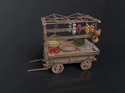 Traditional Wooden Food Cart With Fresh Fruits Vegetables Hanging Garlic And Clay Pots 3d model
