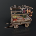 Traditional Wooden Food Cart With Fresh Fruits Vegetables Hanging Garlic And Clay Pots