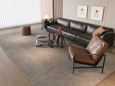 Modern Sofa And Coffee Table Set With Black Leather Sofa Brown Armchair Glass Table And Rug In Living Room 3d model