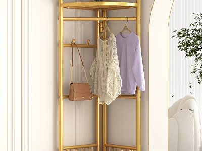 Elegant Golden Clothes Rack with Hooks Holding Clothes and Handbag in Modern Interior 3d model