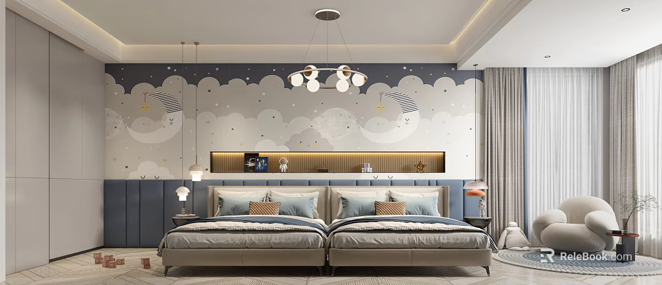 Modern Kids Room Interior Design With Cloud Star Wallpaper Two Beds Chandelier And Niche Decorations 3d model 