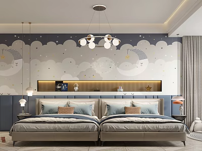 Modern Kids Room Interior Design With Cloud Star Wallpaper Two Beds Chandelier And Niche Decorations 3d model